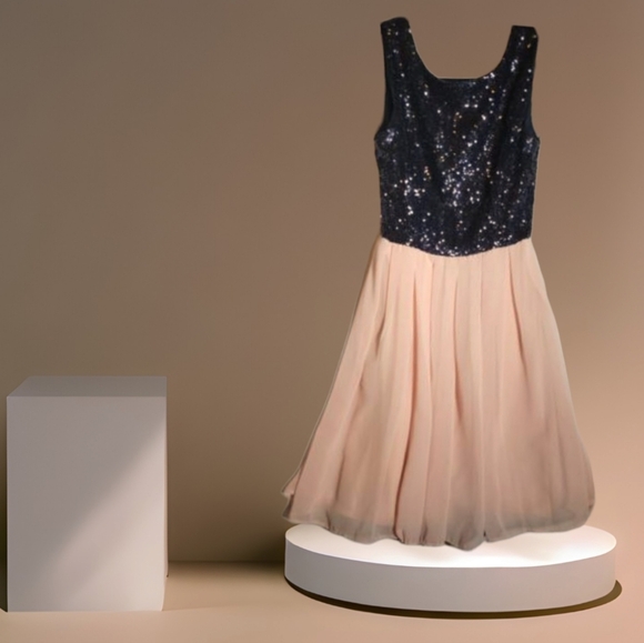 B Darlin SZ9 Navy Blue/Pale Pink Sequin Party Cocktail Dress - Picture 2 of 13